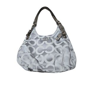 Coach Madison OP Art Maggie Silver and Gray Signature Shoulder Bag Snake Straps